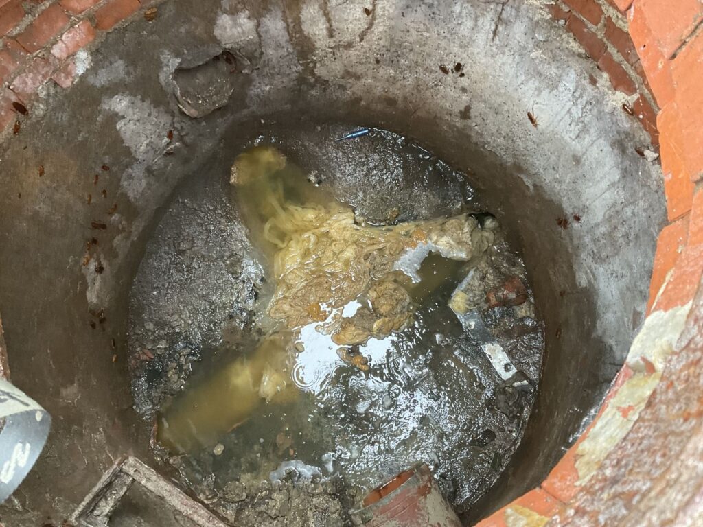 Brick lined tank opened at grade with standing wastewater and heavy grease inside