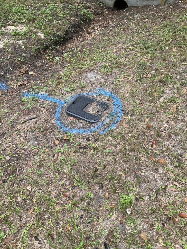 Blue utility locate paint marked around a water valve box lid in a grass yard