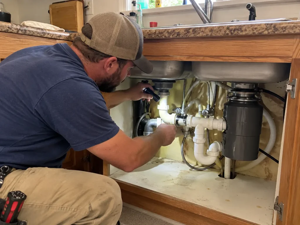 New garbage disposal mounted under a kitchen sink with the drain and dishwasher hose connected