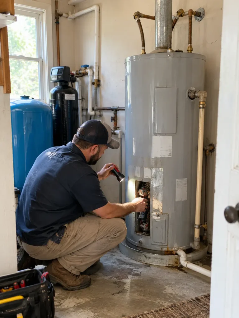Gas water heater on a platform with the flue, water connectors and gas line run in