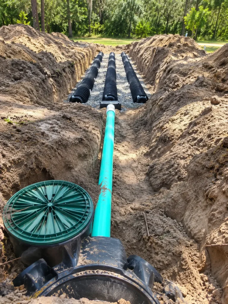 Sewer main running from a septic tank to the distribution box and drain field chambers