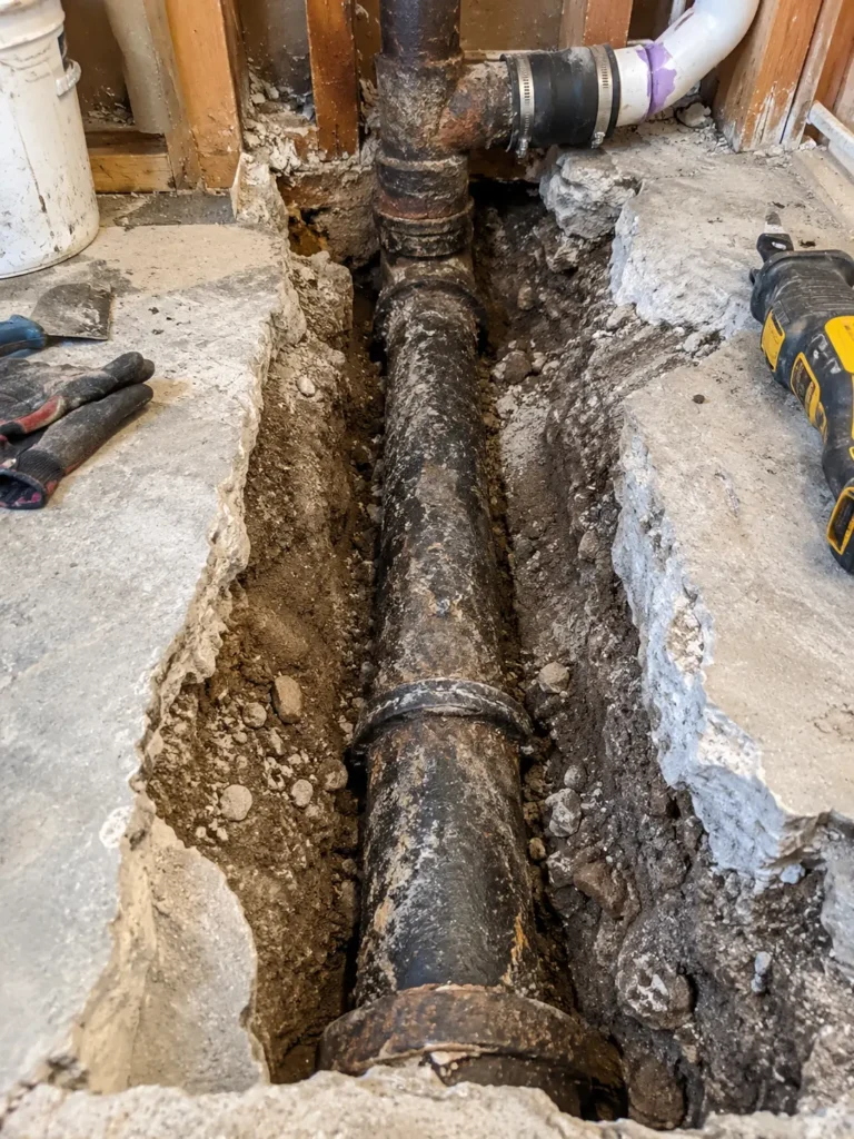 Slab cut and trenched to get to the cast iron drain line.