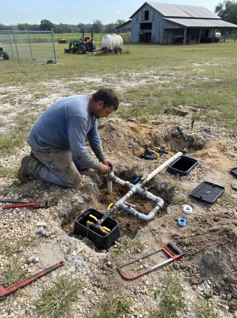 Row of yellow handled shutoff valves and valve boxes set in a gravel bed outside a building
