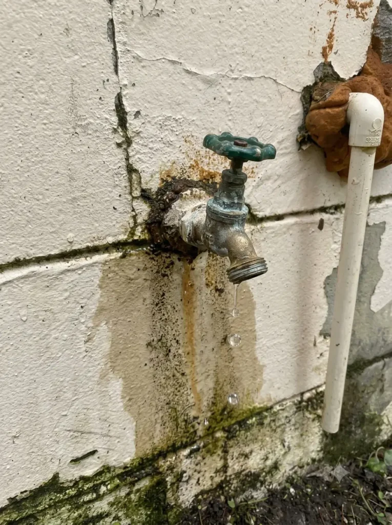 Corroded hose bib set in a painted block wall with rust staining around it