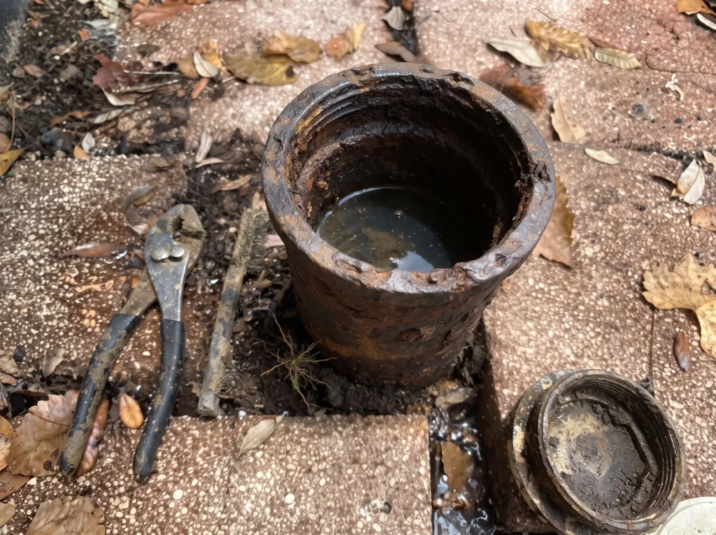 Water backing up out of an open sewer cleanout onto a brick walkway with the cap beside it