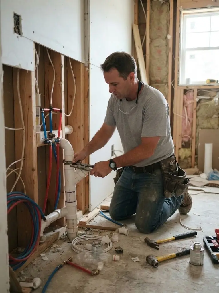 Two PVC waste stubs and CPVC water lines roughed into a garage wall frame over concrete