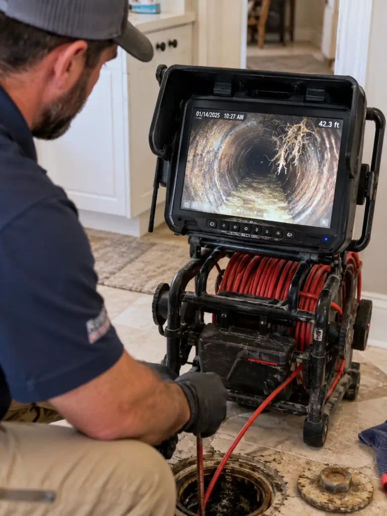 Sewer camera monitor showing the inside wall of a pipe during an inspection