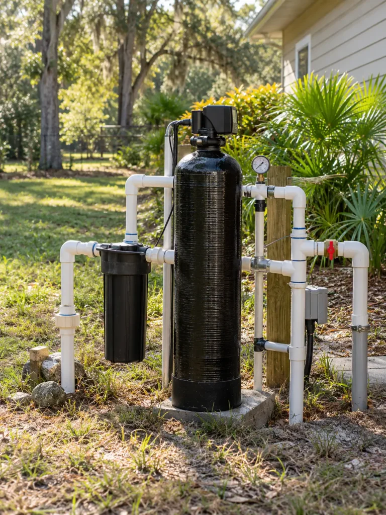 Installed whole house water filter and PVC manifold with a shutoff valve by a utility transformer
