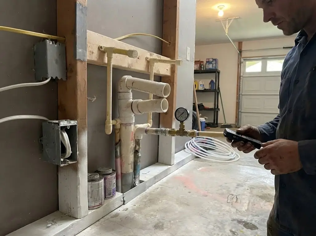 Two PVC waste stubs and CPVC water lines roughed into a garage wall frame over concrete