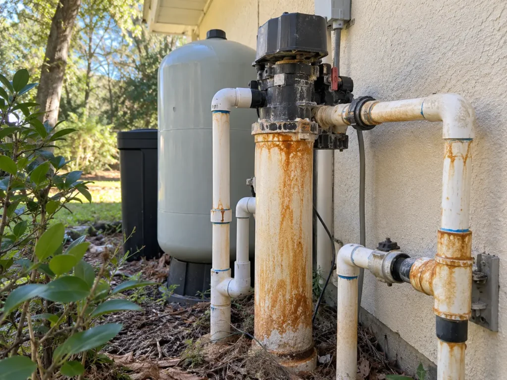 Galvanized well pressure tank standing in a yard in front of a brick house